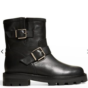 Jimmy Choo Youth II leather biker boots with hood buckles NWOT size 8.5